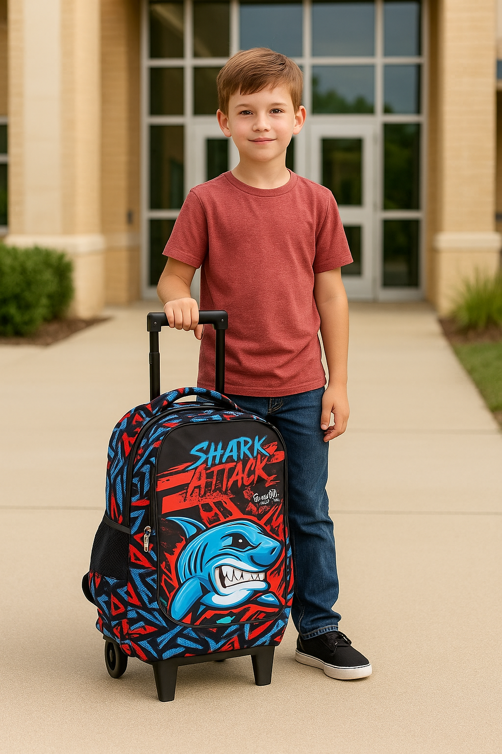 🎒 Kids Rolling Backpack with Wheels – Shark Attack Design | School & Travel Bag