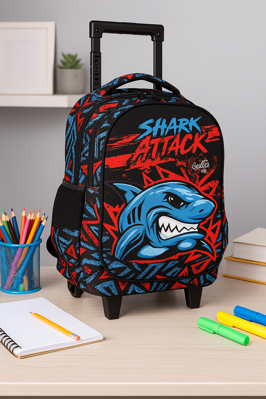 🎒 Kids Rolling Backpack with Wheels – Shark Attack Design | School & Travel Bag
