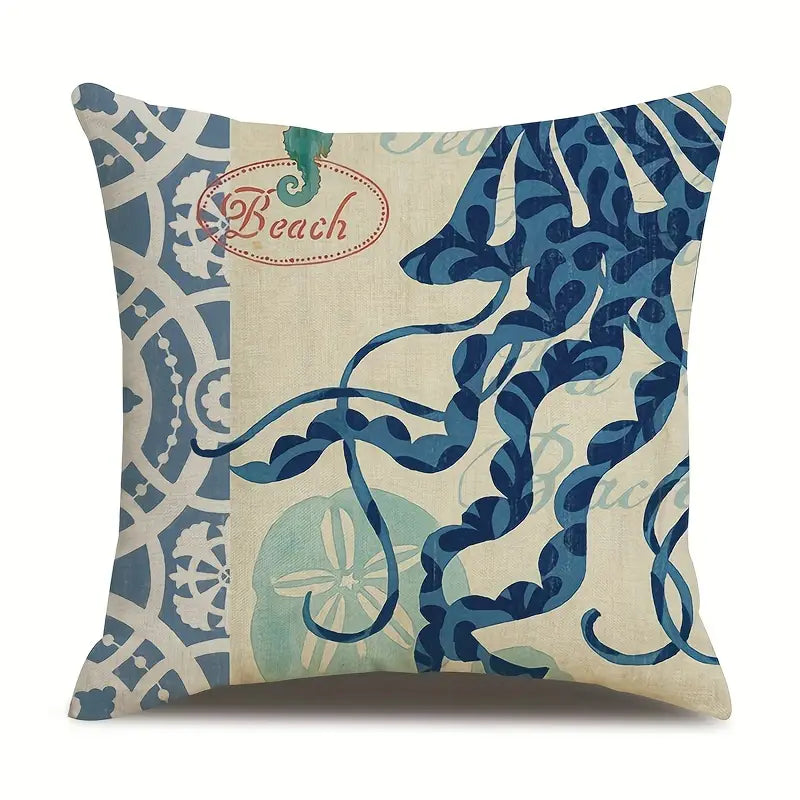 Ocean Theme Cotton Linen Cushion Covers – Coastal Starfish, Shell, Jellyfish, Snail, Octopus & Conch