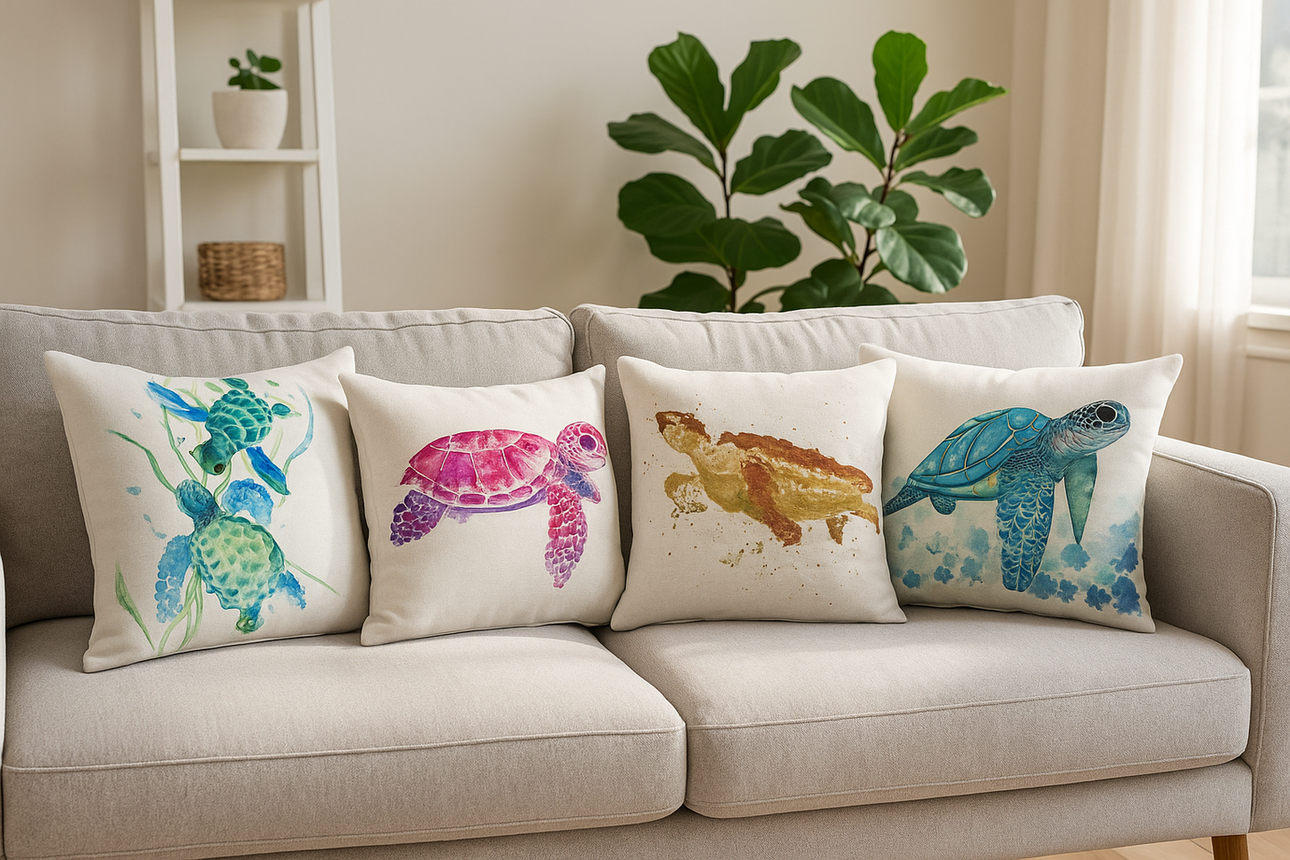 Set of 4 ocean turtle cushion covers – green, pink, golden, and blue turtle decorative pillow cases displayed on beige sofa in modern living room.