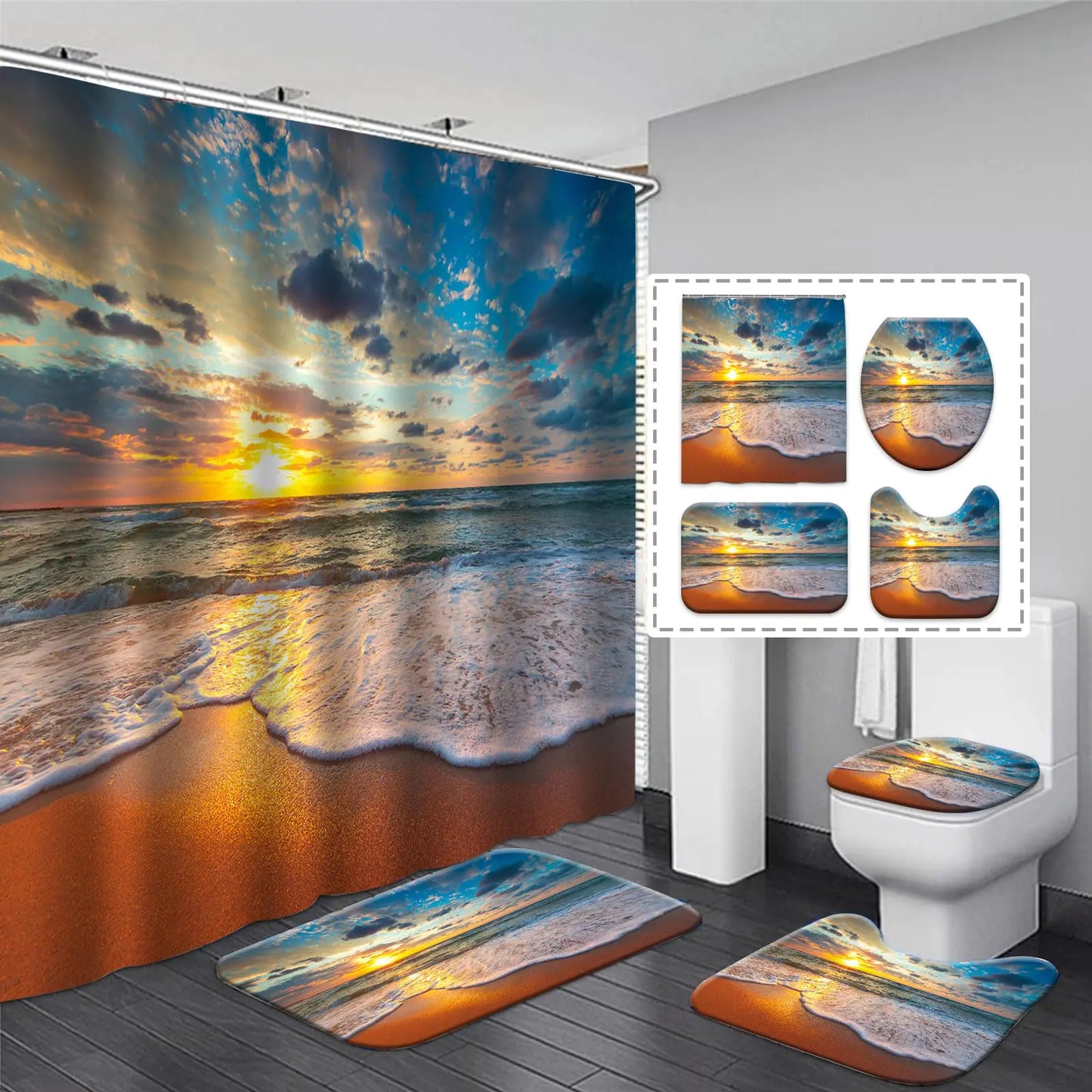Sunset Beach Shower Curtain Set – Ocean Wave Bathroom Decor (4 Piezas)
