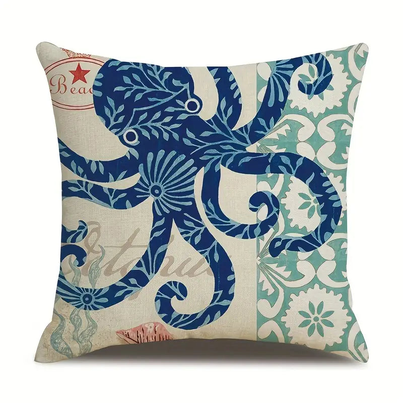 Ocean Theme Cotton Linen Cushion Covers – Coastal Starfish, Shell, Jellyfish, Snail, Octopus & Conch