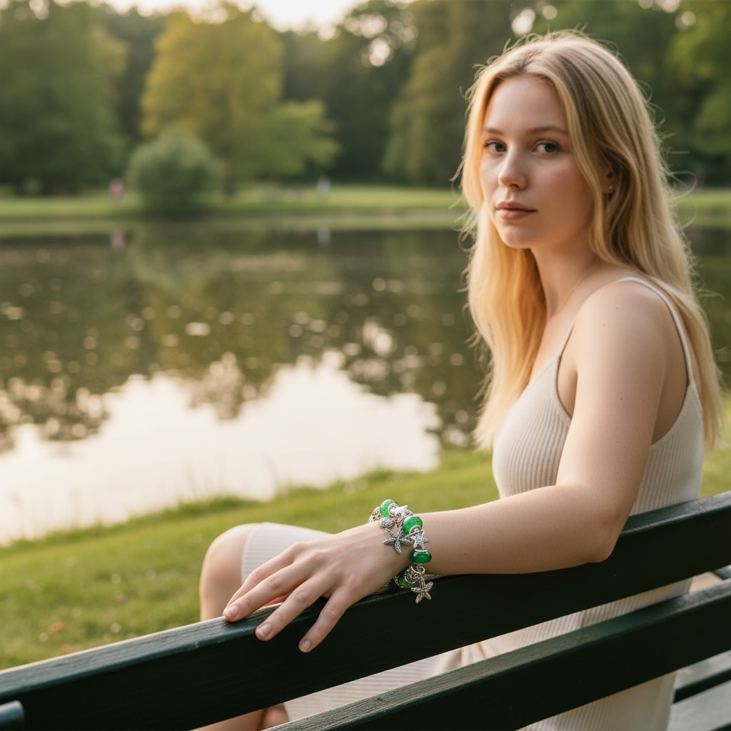 Ocean Series Green Glass Bead Bracelet – Dolphin, Shell & Starfish Charms by Wave & Hang