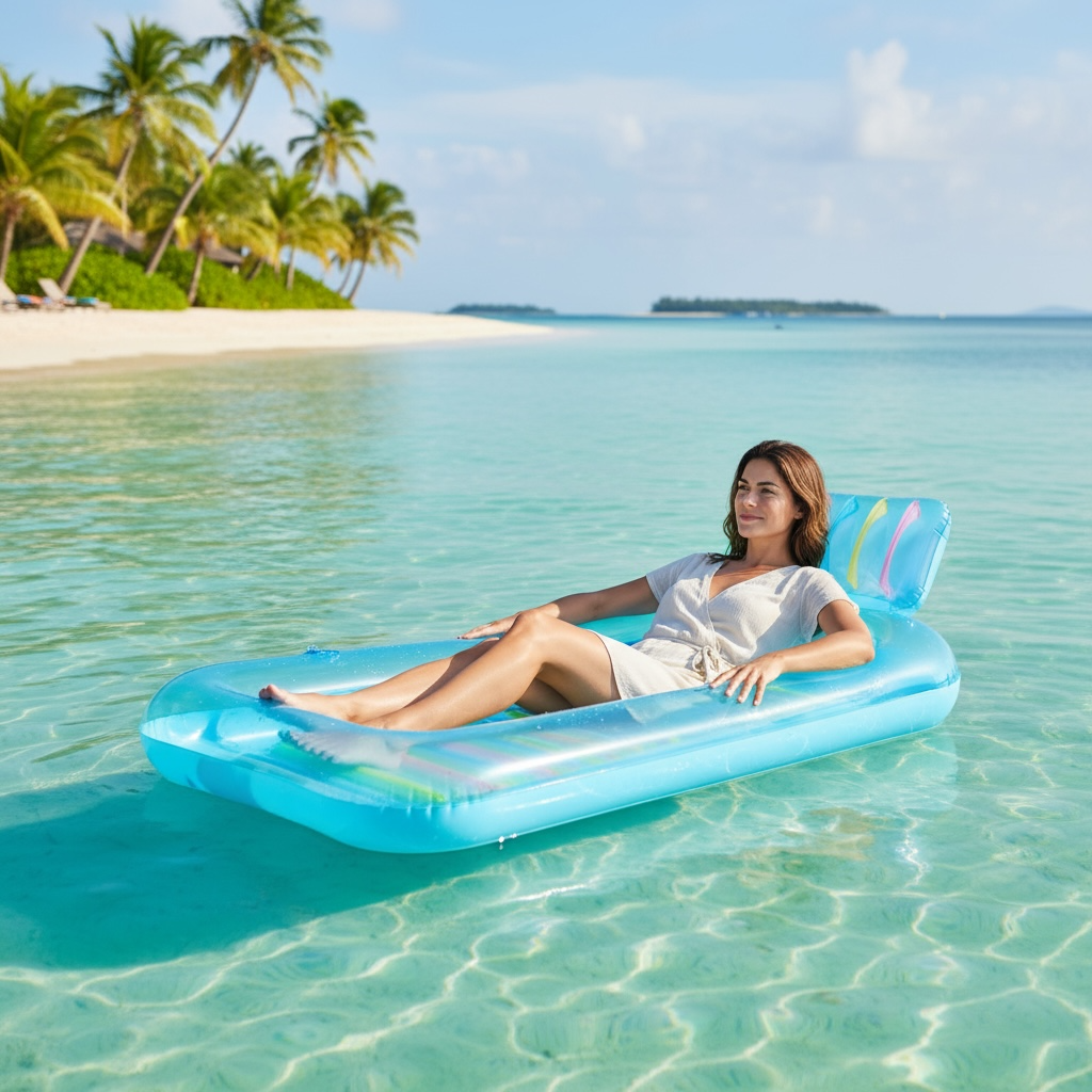 Inflatable Sunshine Pool Float With Pillow Eco Friendly Blue Lounge 176x110x20 cm by Wave & Hang