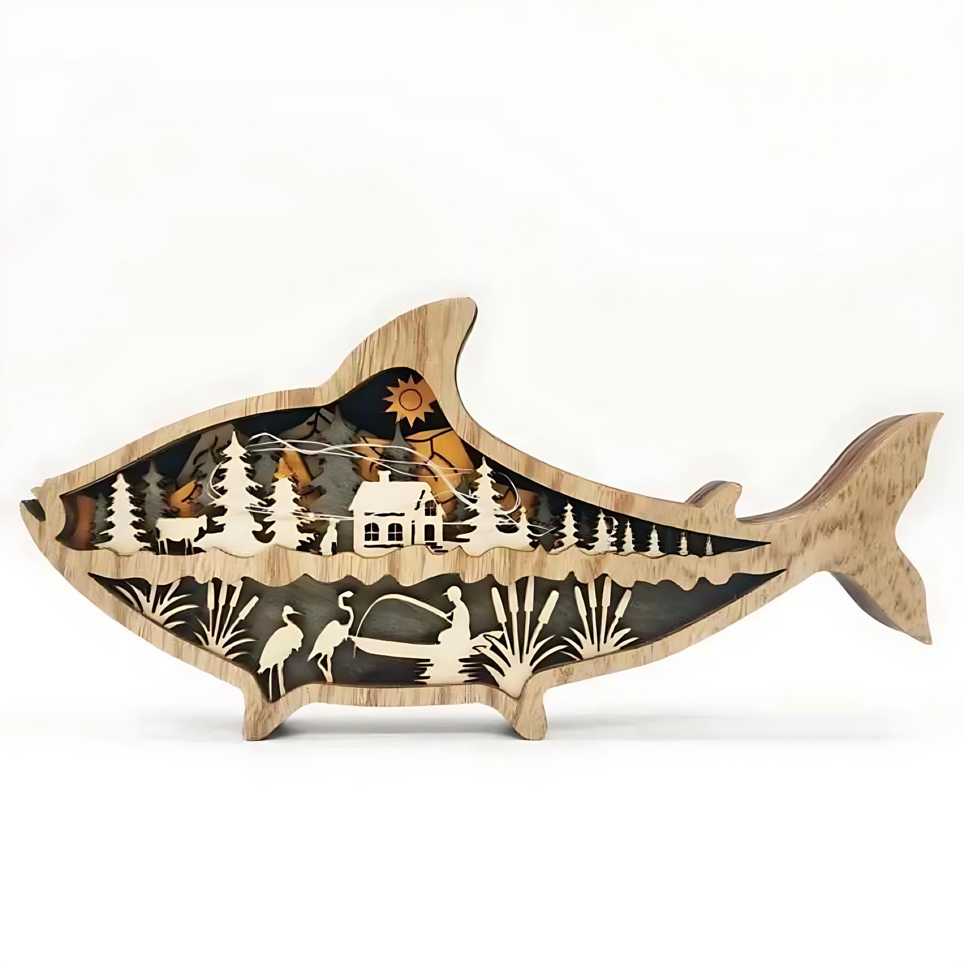 Wooden Fish Carving – Creative Ocean Art Desktop & Shelf Decor by Wave & Hang