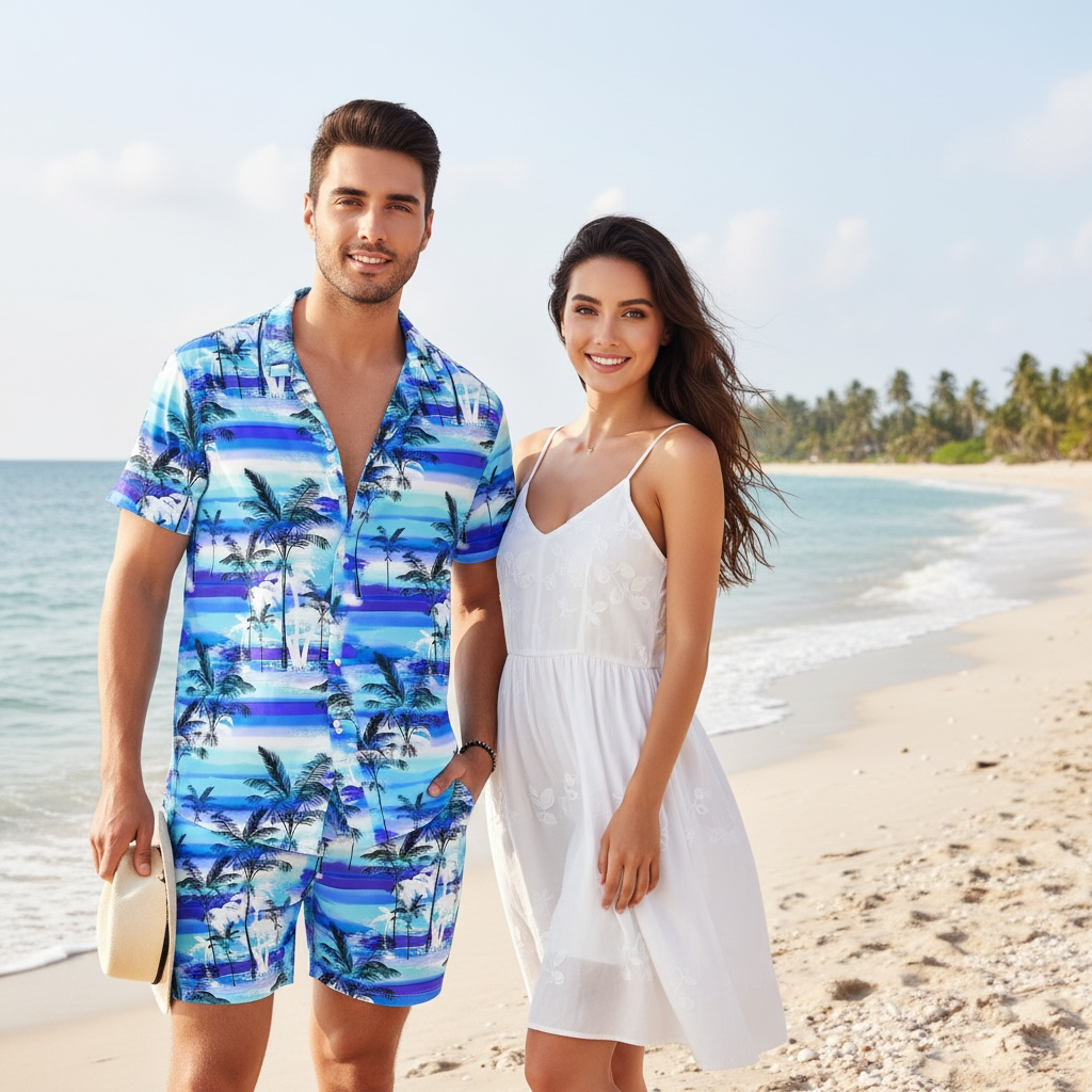 AOBUTE Men's Tropical Print Hawaiian Shirt & Shorts Set - Summer Ready