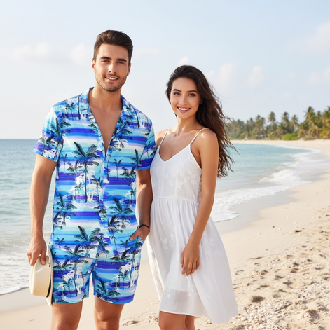 AOBUTE Men's Tropical Print Hawaiian Shirt & Shorts Set - Summer Ready