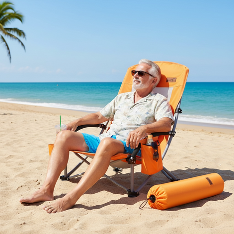 Nice C Beach Chair - High Back with Cooler & Cup Holder, Orange
