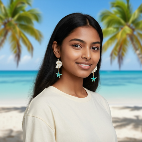 Blue Starfish & Seashell Dangle Earrings – Boho Ocean-Inspired Jewelry by Wave & Hang