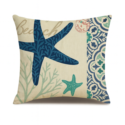 Cotton linen cushion cover with blue starfish and coral print, ocean inspired 45x45cm decorative pillow cover for coastal decor.