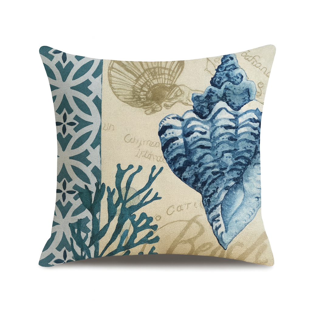 Ocean Theme Cotton Linen Cushion Covers – Coastal Starfish, Shell, Jellyfish, Snail, Octopus & Conch