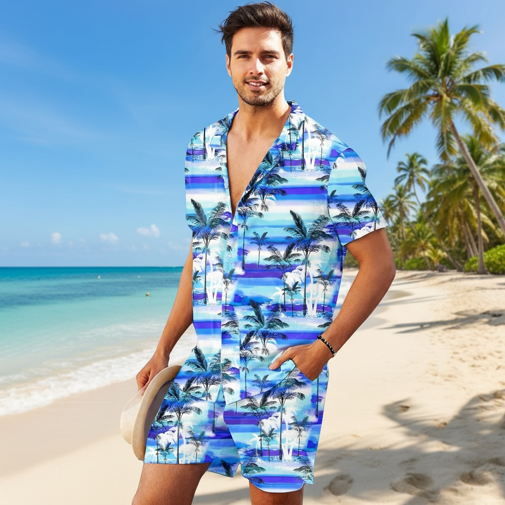 AOBUTE Men's Tropical Print Hawaiian Shirt & Shorts Set - Summer Ready