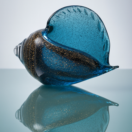 Hand-blown blue glass conch with golden details displayed on reflective surface, decorative ocean-inspired sculpture with size dimensions shown (26cm x 15cm x 10cm).