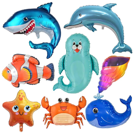 YiYou 8pc Sea Animal Foil Balloons Set Large Shark, Dolphin and Whale by Wave & Hang