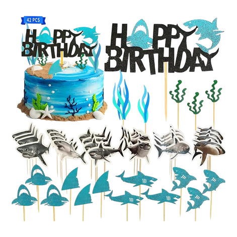 Wootkey 42pcs Shark Cupcake Toppers Set Glitter Shark Fins And Happy Birthday Under The Sea Theme by Wave & Hang
