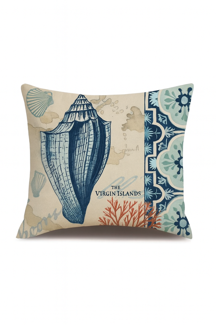 Ocean theme cushion cover with large seashell and coral print, cotton linen 45x45cm pillow case, coastal beach house decor.