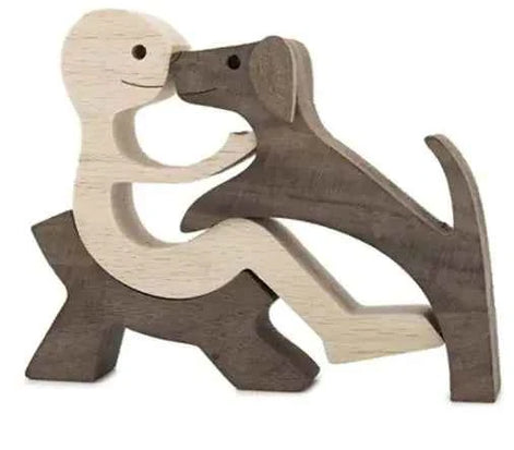 Wood Dog Sculpture – Handmade Wooden Figurine | Human & Dog Friendship Home Decor Gift for Pet Lovers