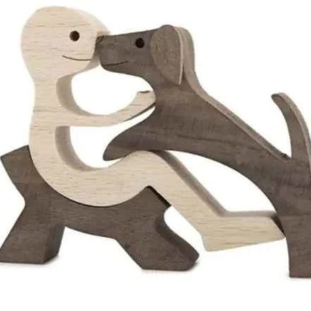 Wood Dog Sculpture – Handmade Wooden Figurine | Human & Dog Friendship Home Decor Gift for Pet Lovers
