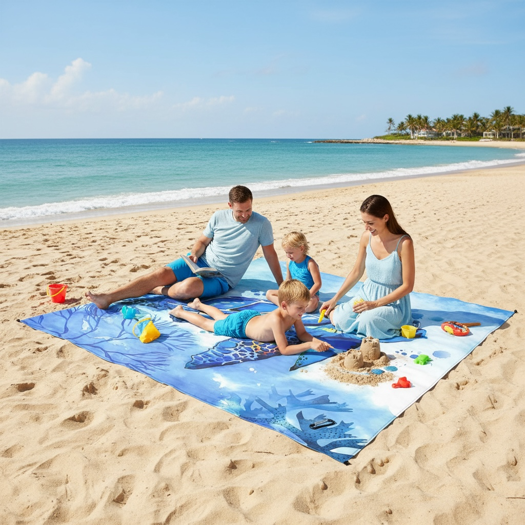 HIHOHO Beach Blanket - Sandproof & Water-Resistant for 4, Blue Print