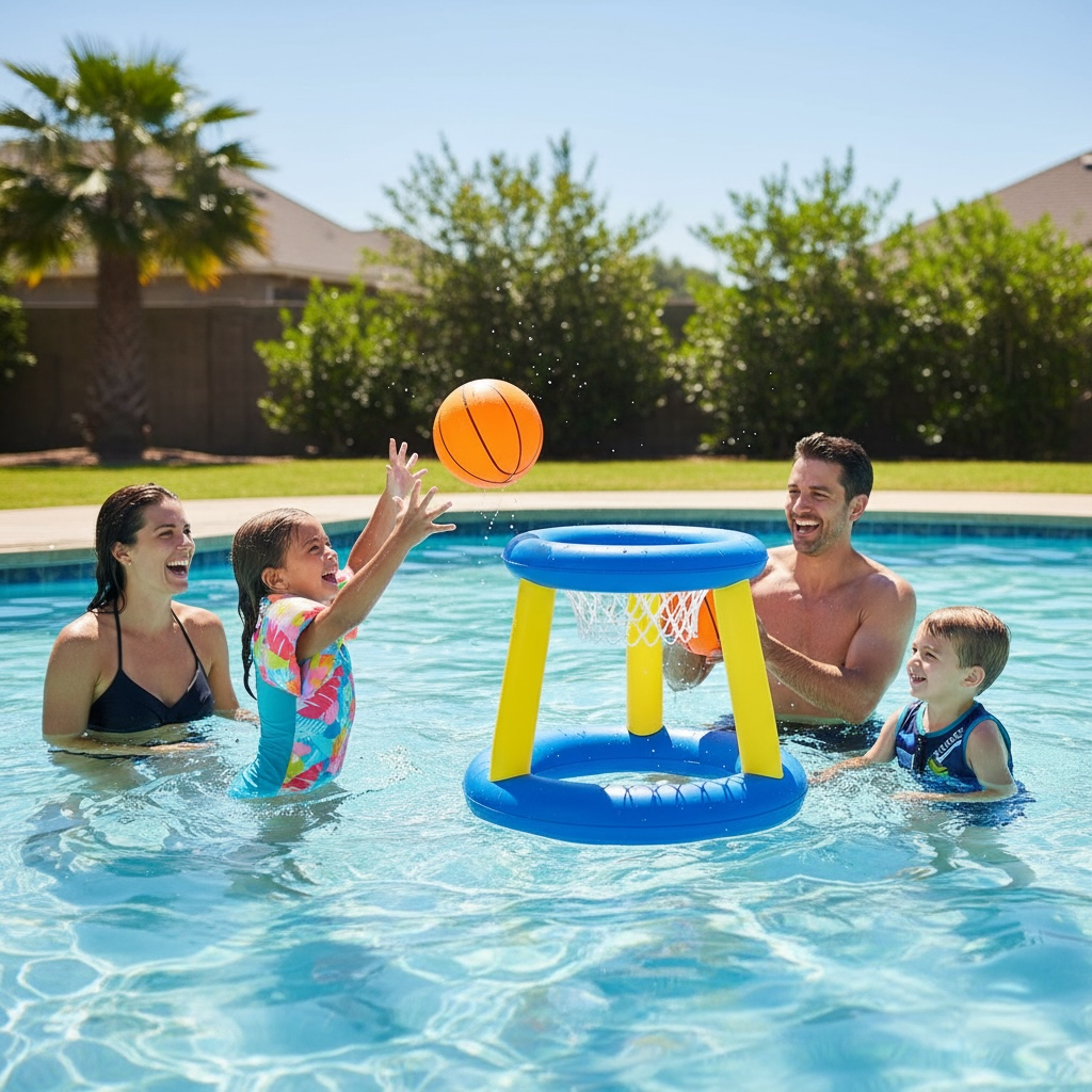 Inflatable Pool Game Set With Volleyball And Basketball Family Floating Toys For Kids And Adults by Wave & Hang