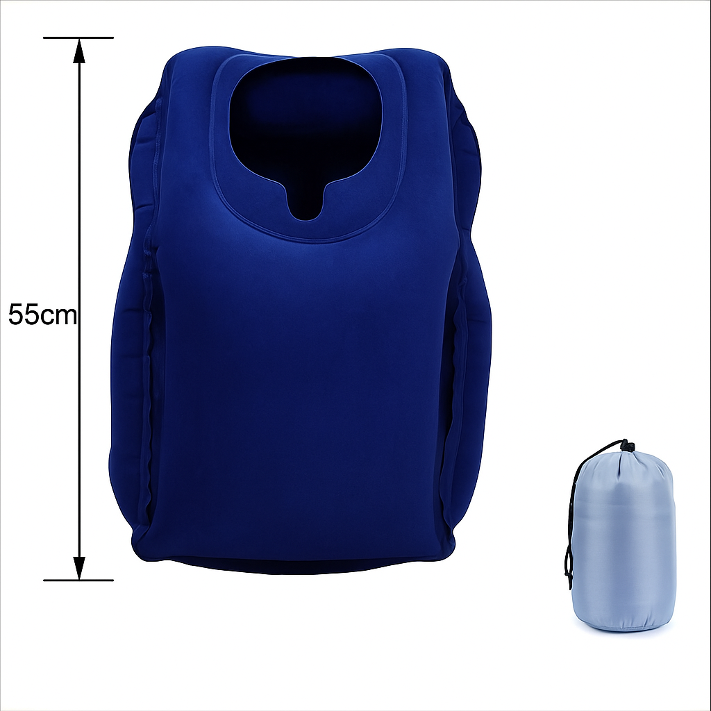 Inflatable Neck Support Pillow Ergonomic Travel Cushion For Airplane Office Or Car Adjustable Flocking PVC TPU by Wave & Hang