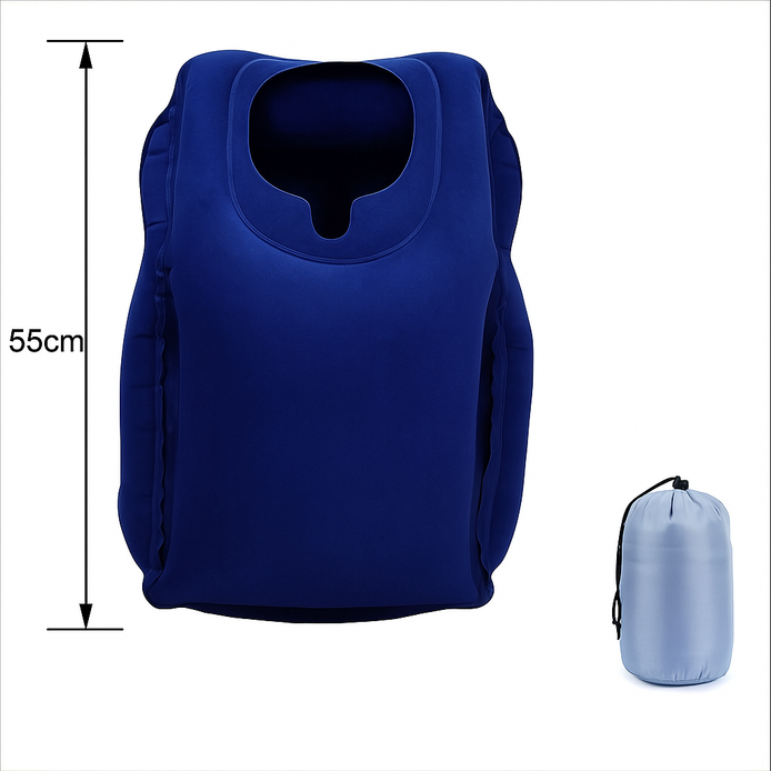 Inflatable Neck Support Pillow Ergonomic Travel Cushion For Airplane Office Or Car Adjustable Flocking PVC TPU by Wave & Hang
