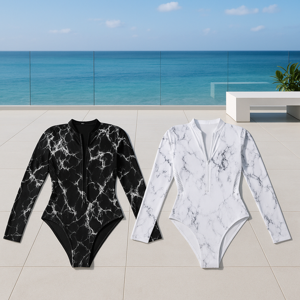 Surf Luxe – Long Sleeve Zipper Swimsuit | UV Protection One-Piece | Marble Black & Ocean White