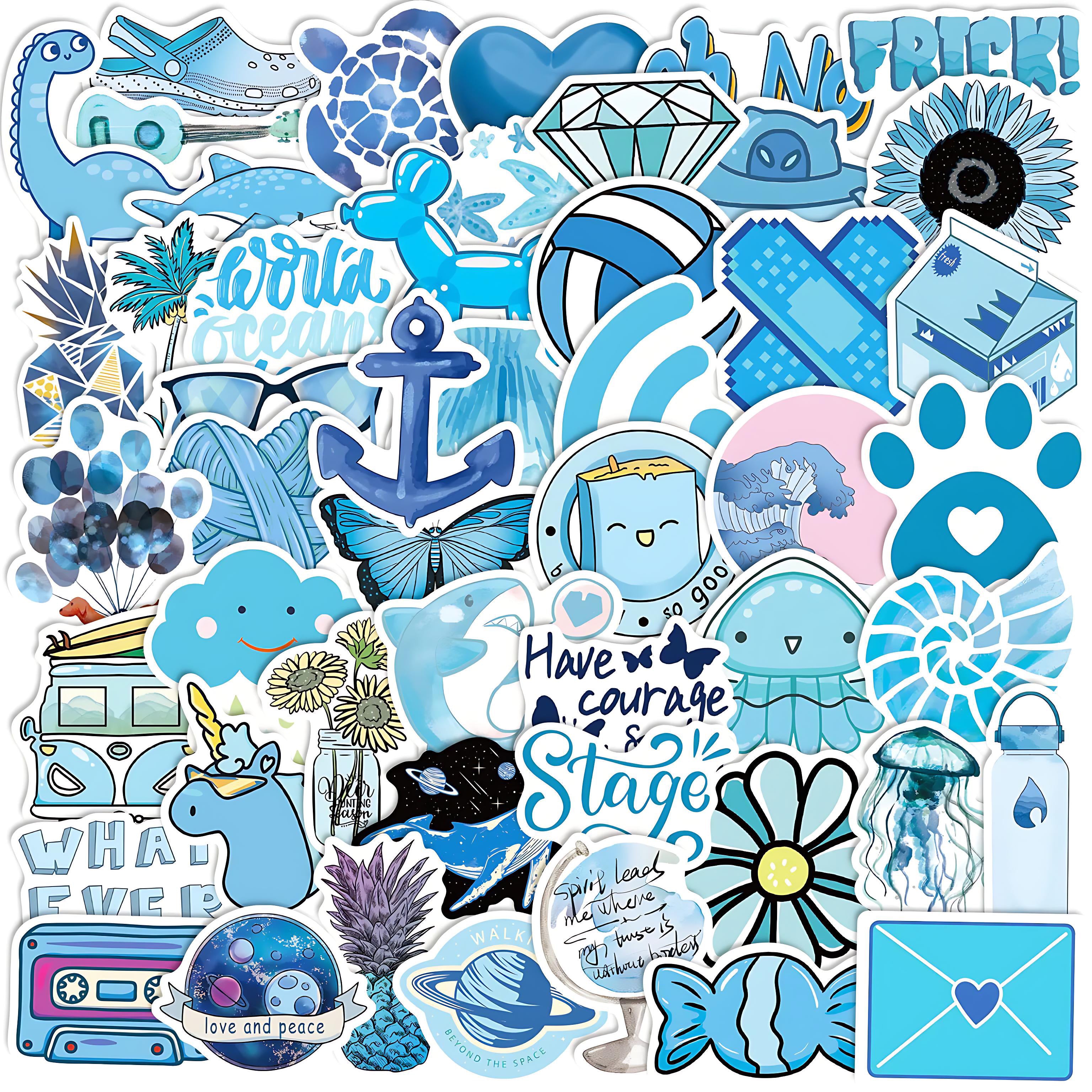 50 PCS Blue Ocean Style Doodle Stickers – Aesthetic Waterproof Vinyl Stickers for Laptops, Journals, Water Bottles, and Scrapbooking