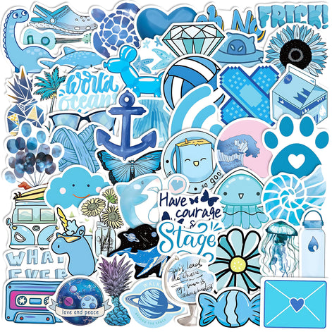 50 PCS Blue Ocean Style Doodle Stickers – Aesthetic Waterproof Vinyl Stickers for Laptops, Journals, Water Bottles, and Scrapbooking