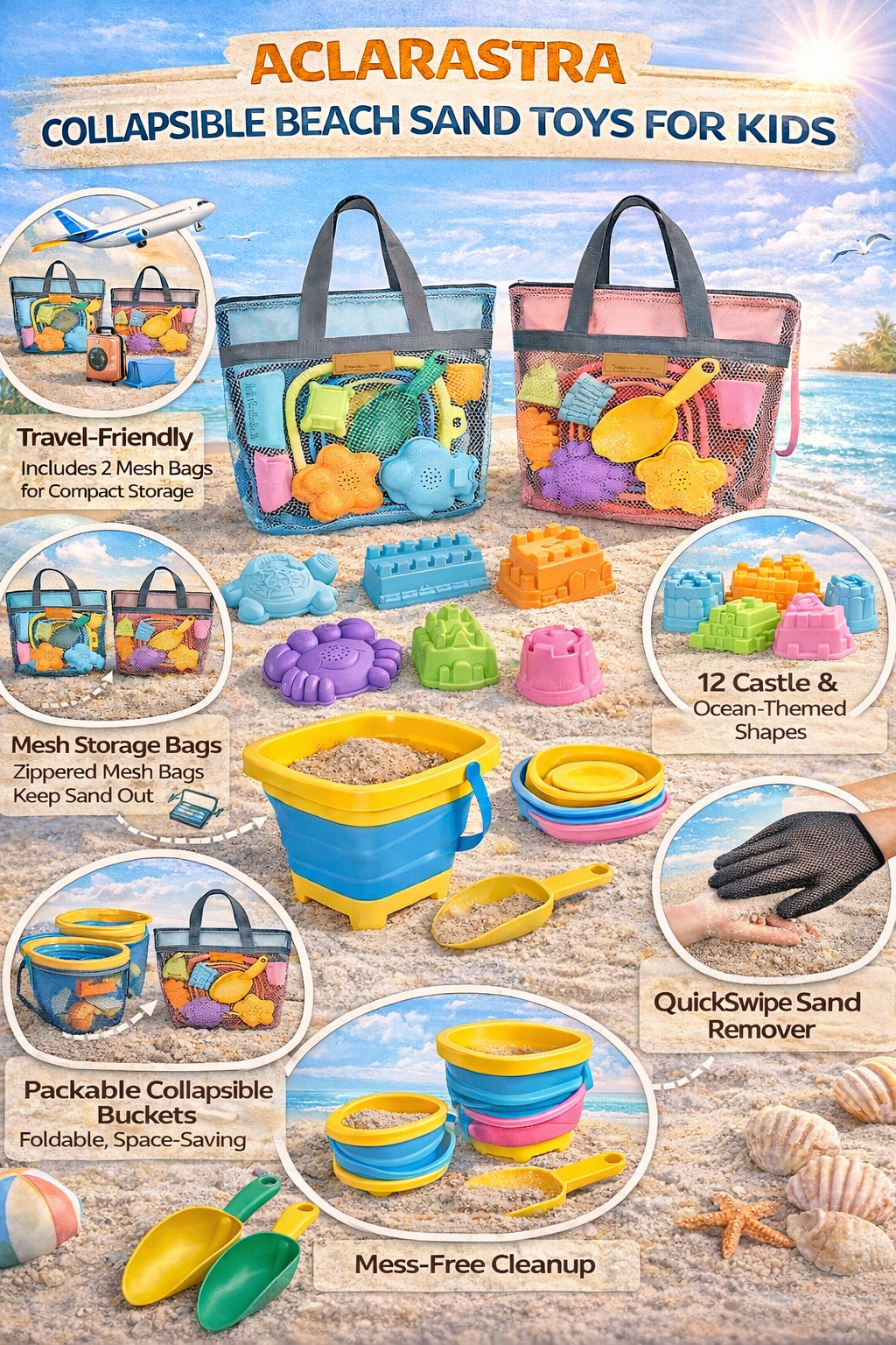 Aclarastra Collapsible Beach Sand Toys - Travel Set for Kids