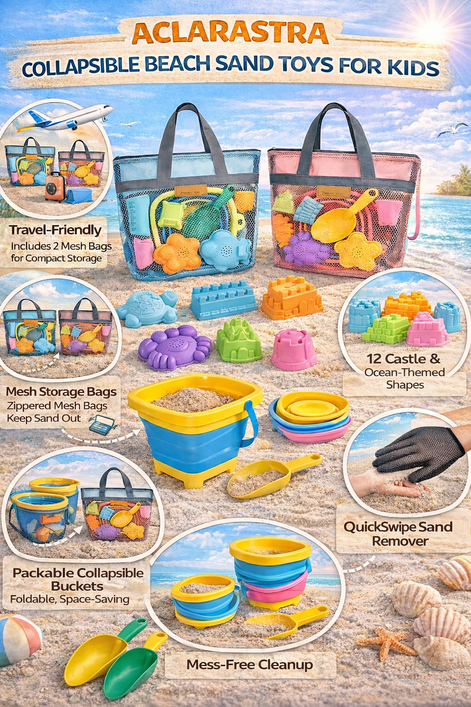 Aclarastra Collapsible Beach Sand Toys - Travel Set for Kids