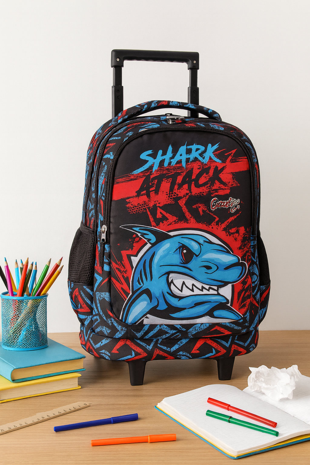 🎒 Kids Rolling Backpack with Wheels – Shark Attack Design | School & Travel Bag