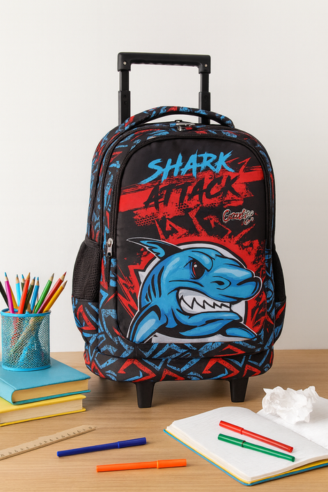 Kids Rolling Backpack with Wheels – Shark Attack Design | School & Travel Bag