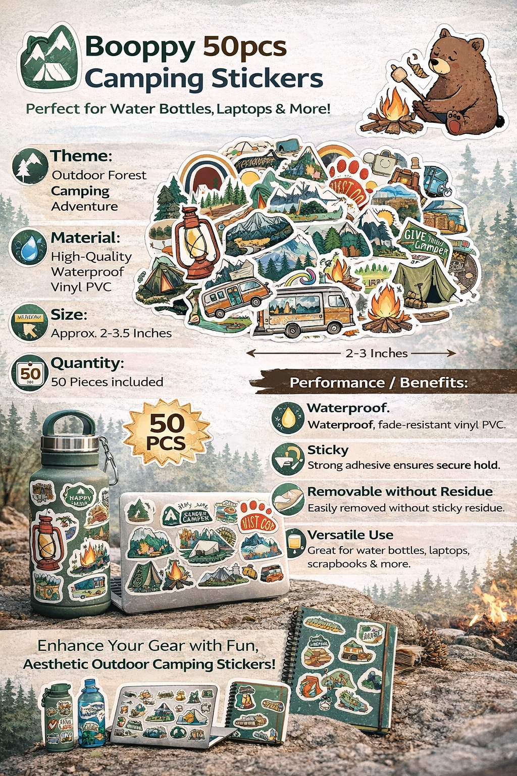 Booppy 50pcs Waterproof Camping Stickers - Aesthetic Adventure Set