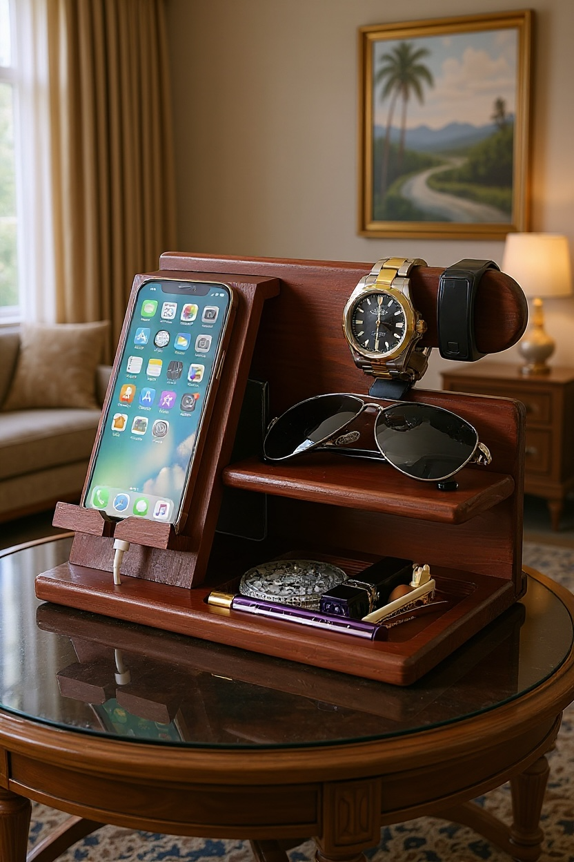 Wood Phone Docking Station – Desk & Nightstand Organizer for Men | Wallet, Keys, Watch & Gadget Holder by Wave & Hang