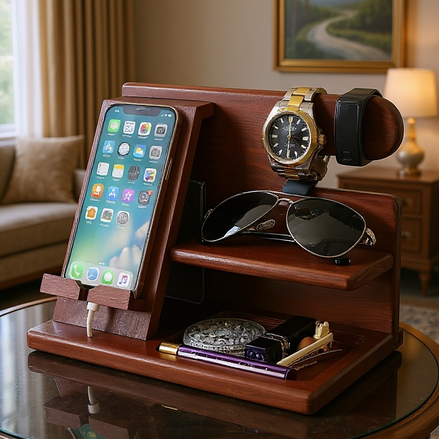 Wood Phone Docking Station – Desk & Nightstand Organizer for Men | Wallet, Keys, Watch & Gadget Holder by Wave & Hang