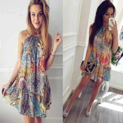 Bohemian Ocean Print Beach Dress – Summer Halter Sundress for Women