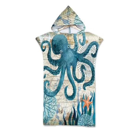 Ocean Print Hooded Beach Towels Family Pack – Soft, Absorbent & Quick-Dry Microfiber Poncho Towels for Kids & Adults