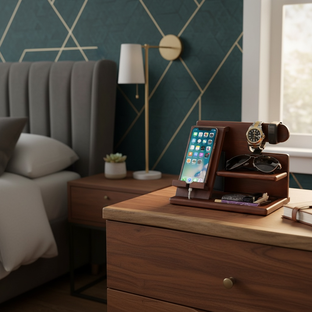 Wood Phone Docking Station – Desk & Nightstand Organizer for Men | Wallet, Keys, Watch & Gadget Holder by Wave & Hang