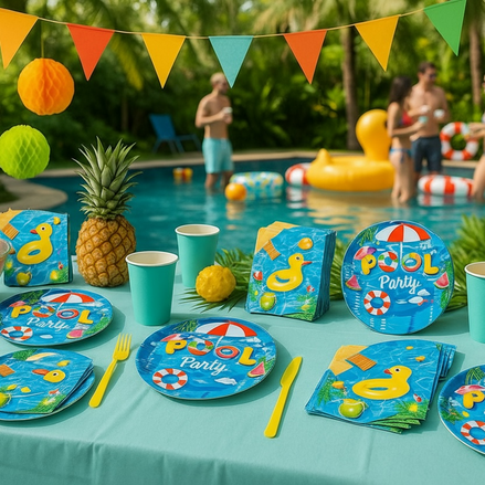 80 Pcs Pool Party Set | Vibrant Tableware for 40 Guests by Wave & Hang