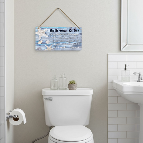 Beach Bathroom Wall Decor | Ocean Themed Wood Sign “Bathroom Rules” (12×6 in) by Wave & Hang