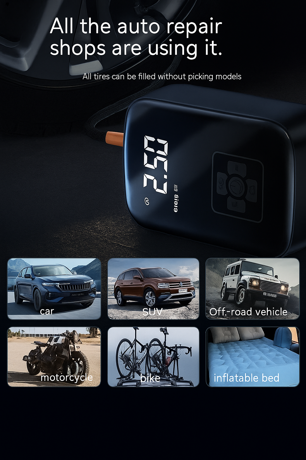 Portable Wireless Car Air Pump With Digital Display, 100W USB Rechargeable Inflator For Cars, Bikes, Motorcycles by Wave & Hang