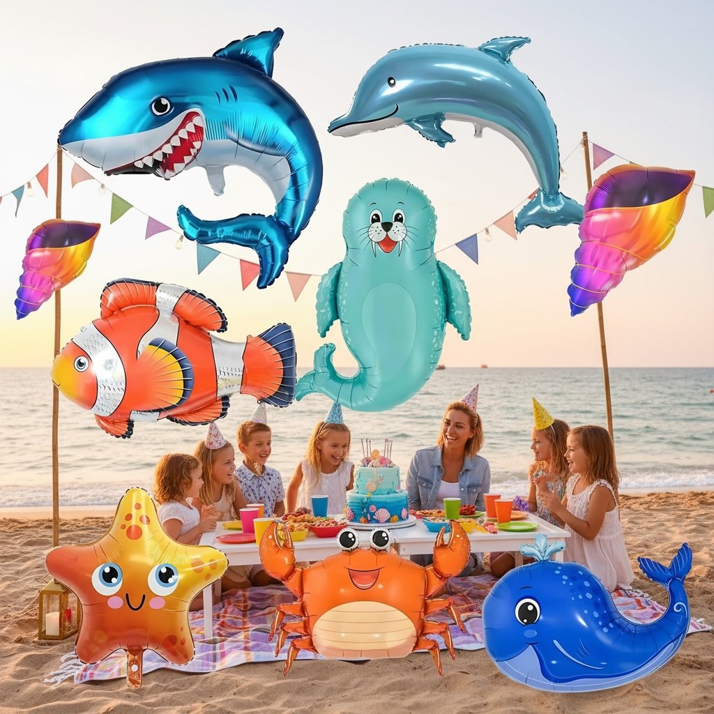 YiYou 8pc Sea Animal Foil Balloons Set Large Shark, Dolphin and Whale by Wave & Hang