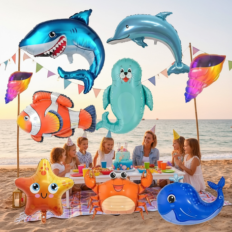 YiYou 8pc Sea Animal Foil Balloons Set Large Shark, Dolphin and Whale by Wave & Hang