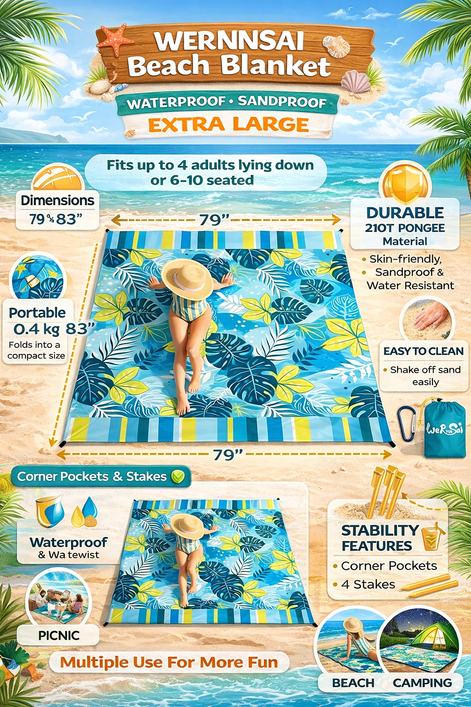 WERNNSAI Extra Large Waterproof Beach Blanket – Sandproof & Lightweight