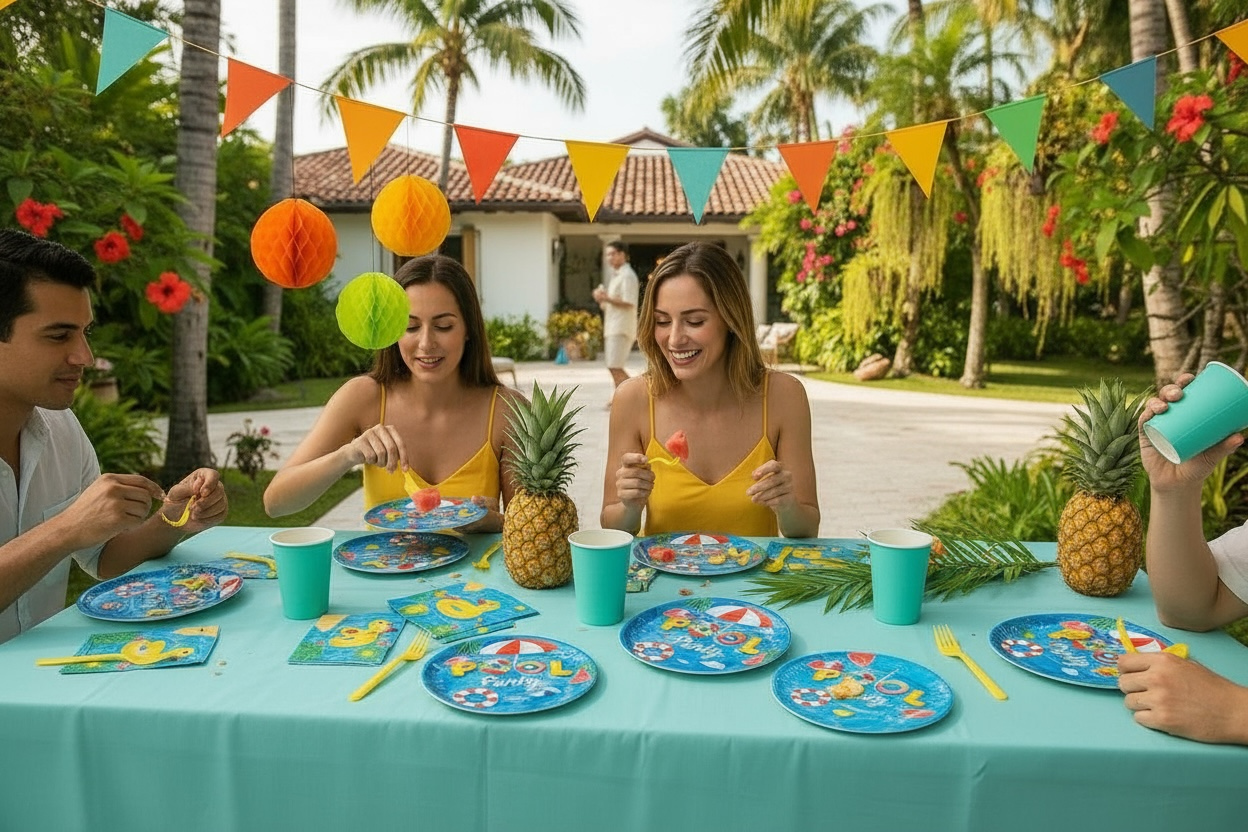 80 Pcs Pool Party Set | Vibrant Tableware for 40 Guests by Wave & Hang