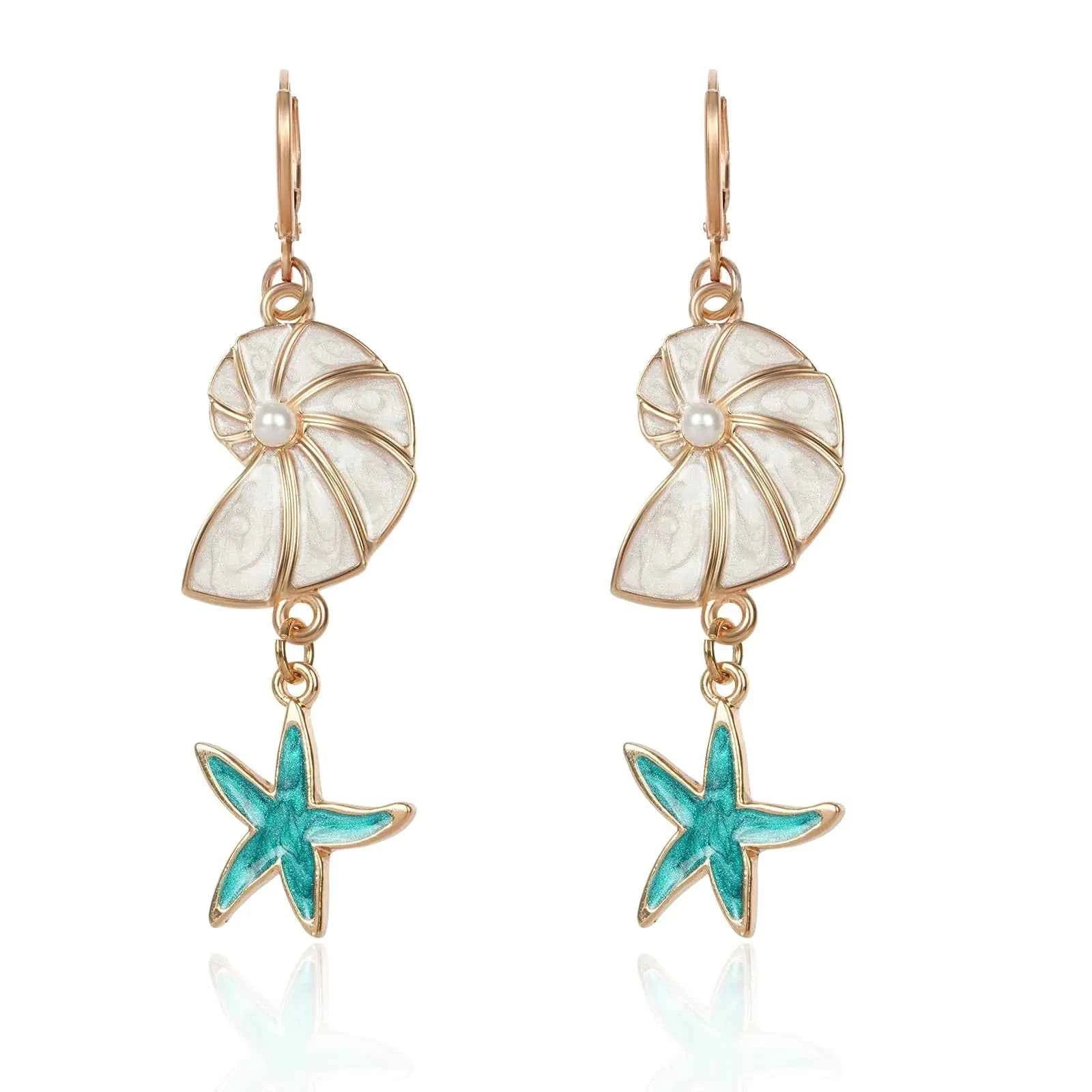 Blue Starfish & Seashell Dangle Earrings – Boho Ocean-Inspired Jewelry