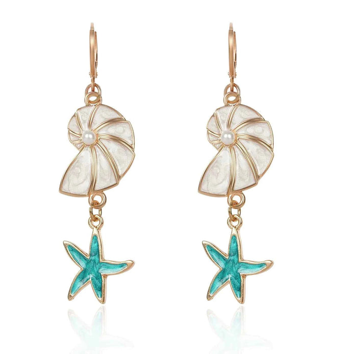 Blue Starfish & Seashell Dangle Earrings – Boho Ocean-Inspired Jewelry