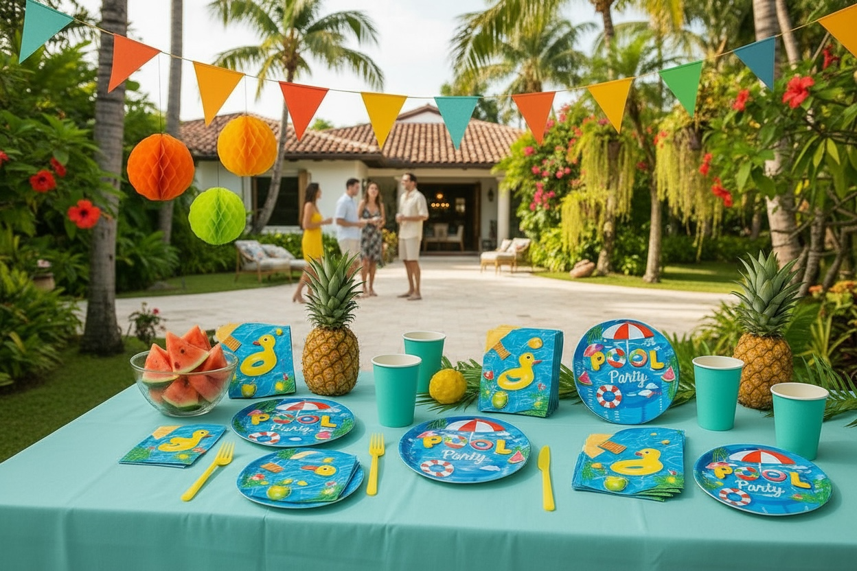 80 Pcs Pool Party Set | Vibrant Tableware for 40 Guests by Wave & Hang