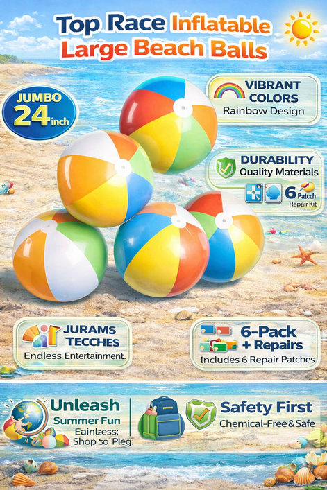 Top Race Inflatable Beach Balls - 24" Rainbow Color (Set of 6)